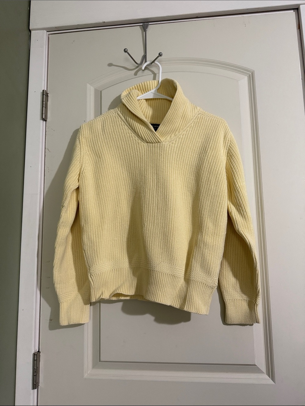 Ralph Lauren Pale Yellow Ribbed Shawl-Collar Sweater. Womens Medium